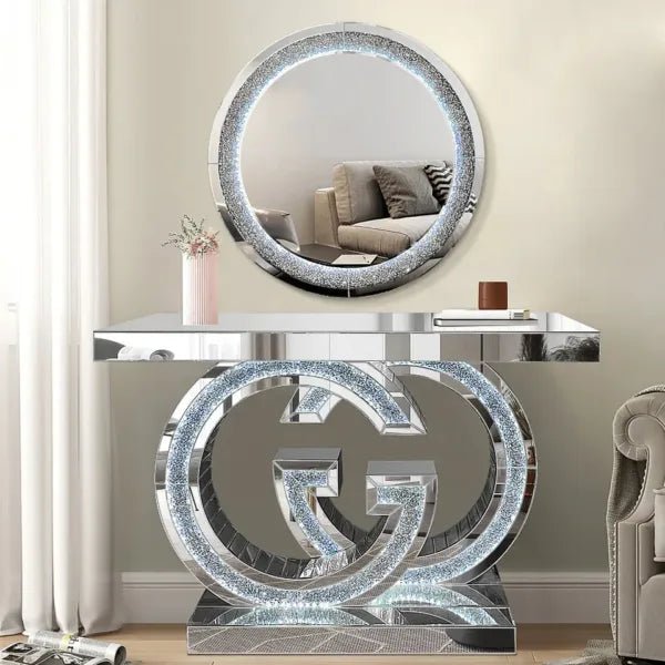 π Luxury Mirrored Console Table with Double "G" Crushed Crystal Base π - Fabels