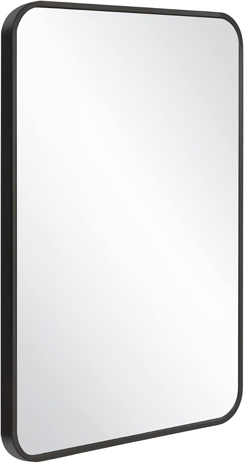 Black 30x20 Inch Rectangular Mirror with Rounded Corners and Black Frame – Modern, Stylish Home Décor