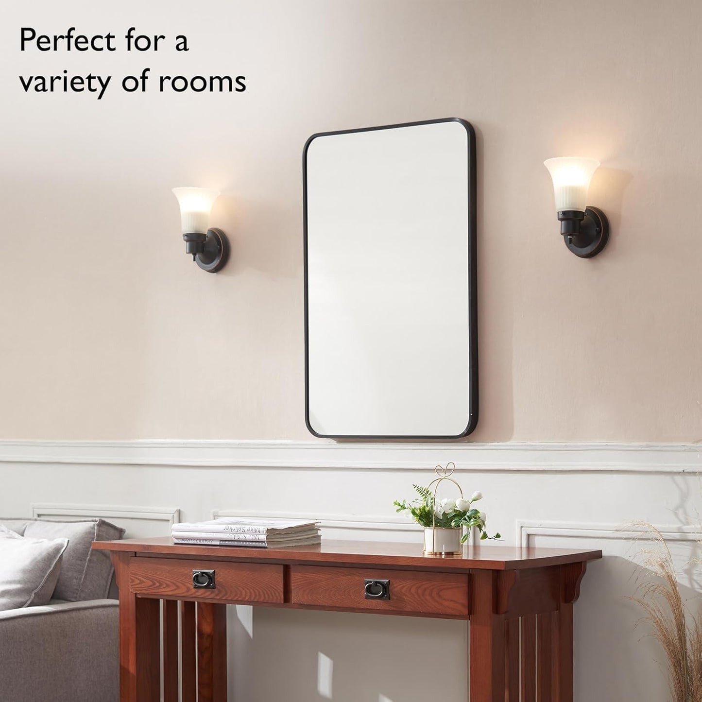 Black 30x20 Inch Rectangular Mirror with Rounded Corners and Black Frame – Modern, Stylish Home Décor