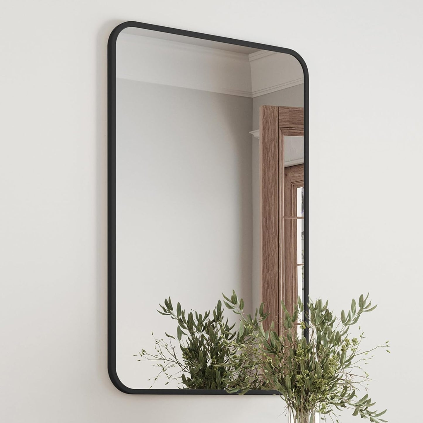 Black 30x20 Inch Rectangular Mirror with Rounded Corners and Black Frame – Modern, Stylish Home Décor