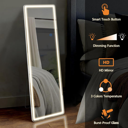 LED Full-Length Mirror with Stand, 3 Adjustable Light Modes, Touch Sensor & Dimmer – Stylish & Functional