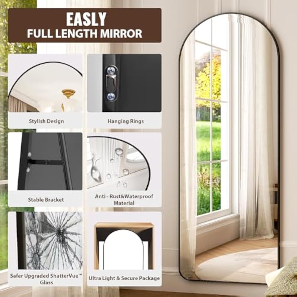 Black Round Corners 5.5 ft Arch Full-Length Mirror with Stand | All-India Delivery & Guarantee