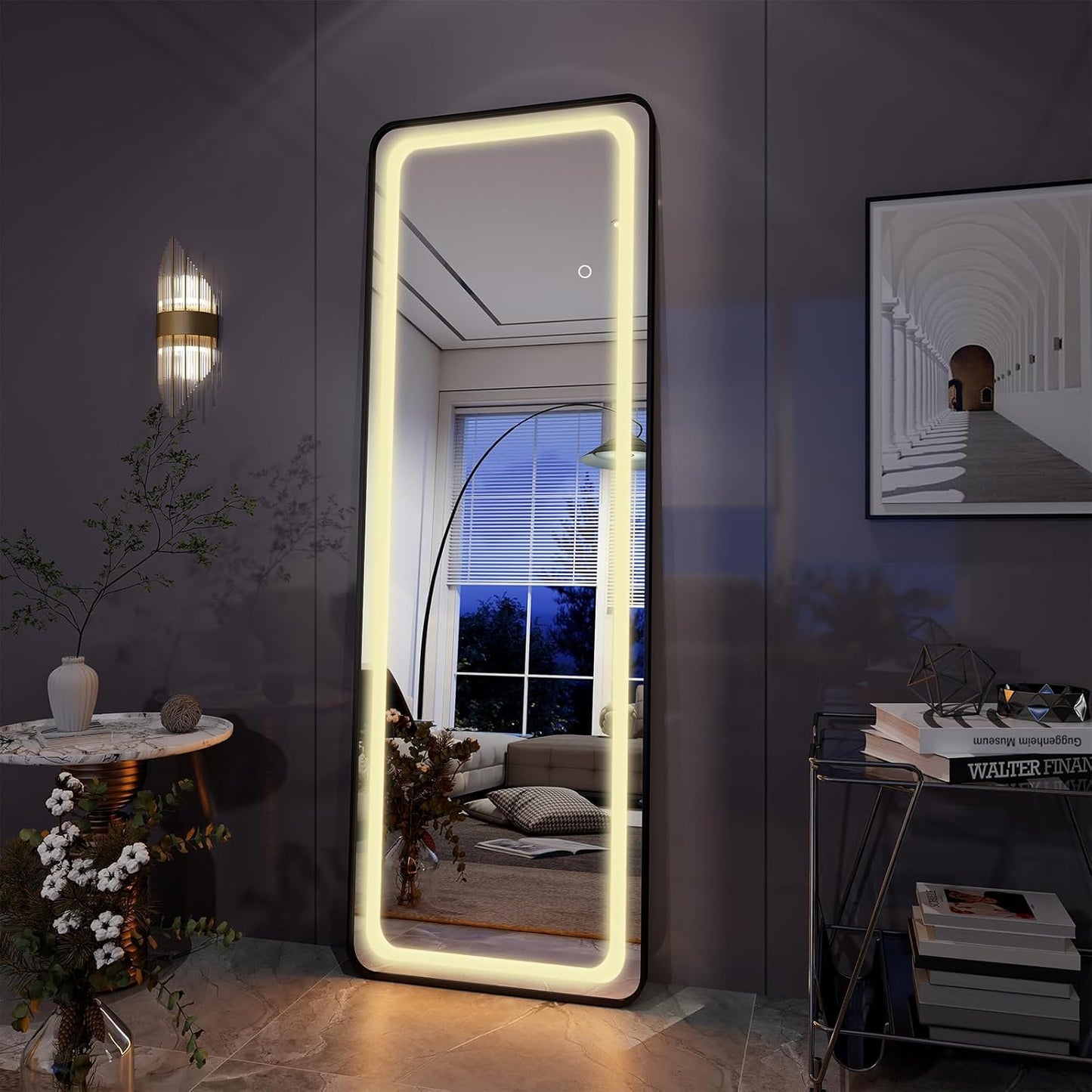 LED Full-Length Mirror with Stand, Black Frame, 3 Adjustable Light Modes, Touch Sensor & Dimmer