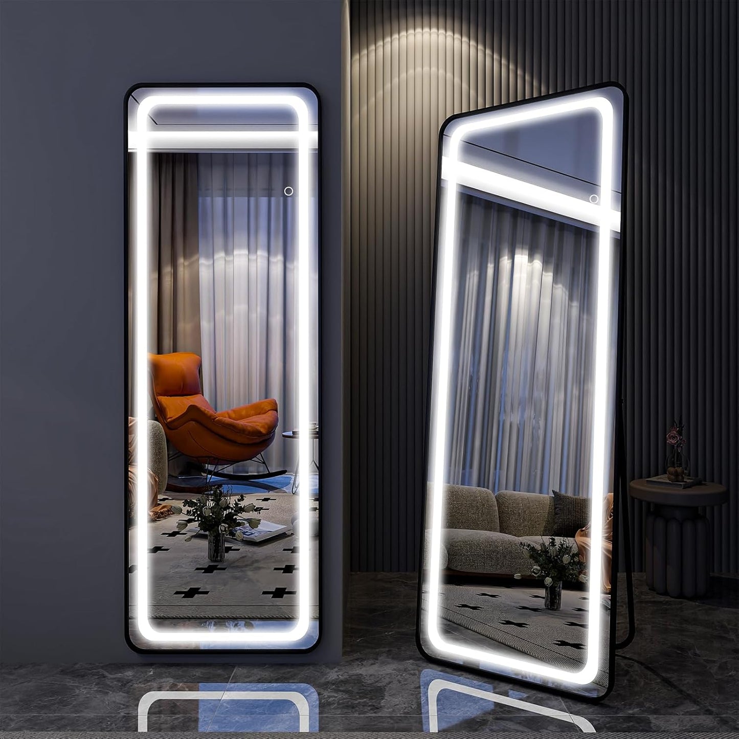 LED Full-Length Mirror with Stand, Black Frame, 3 Adjustable Light Modes, Touch Sensor & Dimmer
