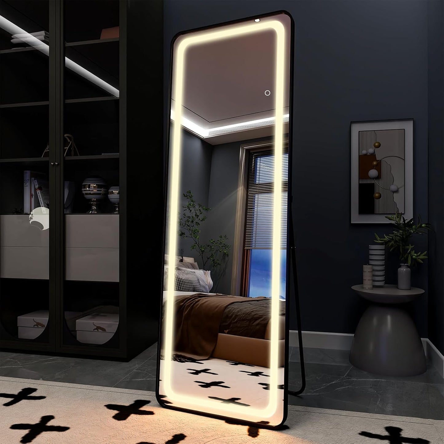 LED Full-Length Mirror with Stand, Black Frame, 3 Adjustable Light Modes, Touch Sensor & Dimmer