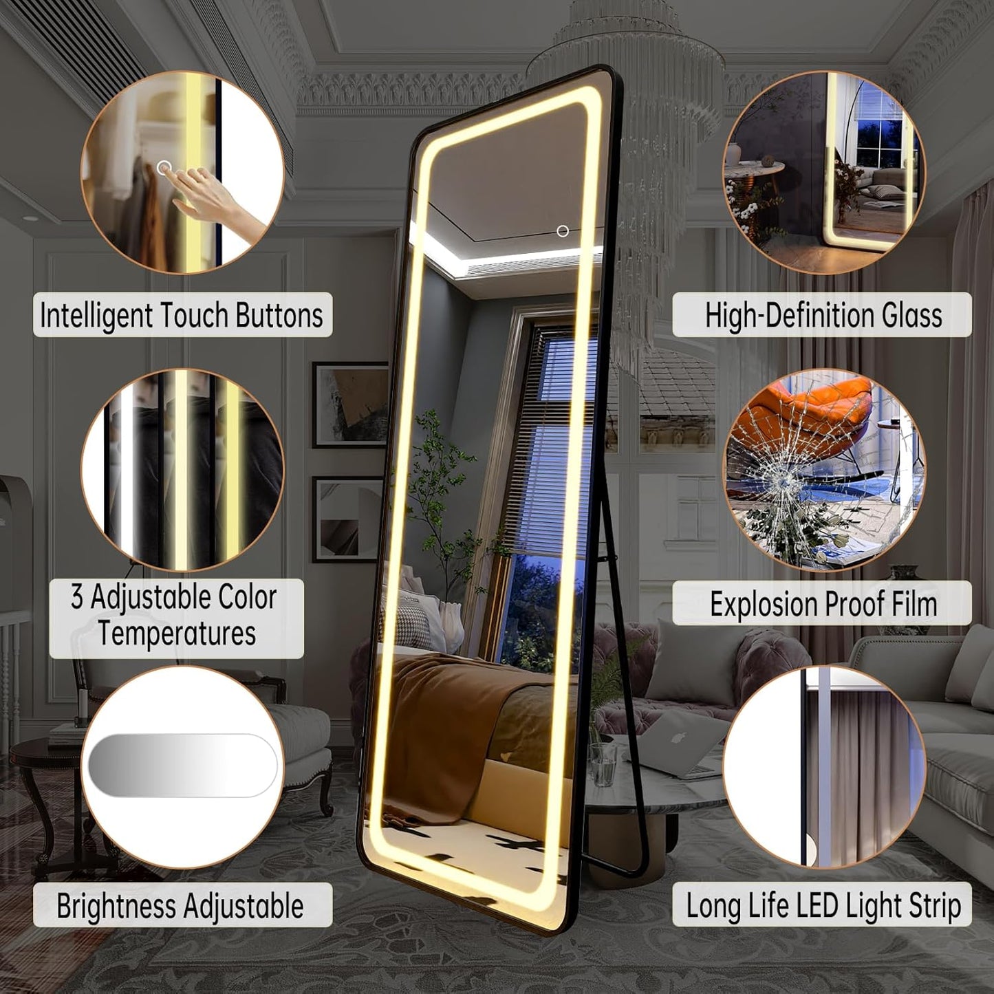 LED Full-Length Mirror with Stand, Black Frame, 3 Adjustable Light Modes, Touch Sensor & Dimmer
