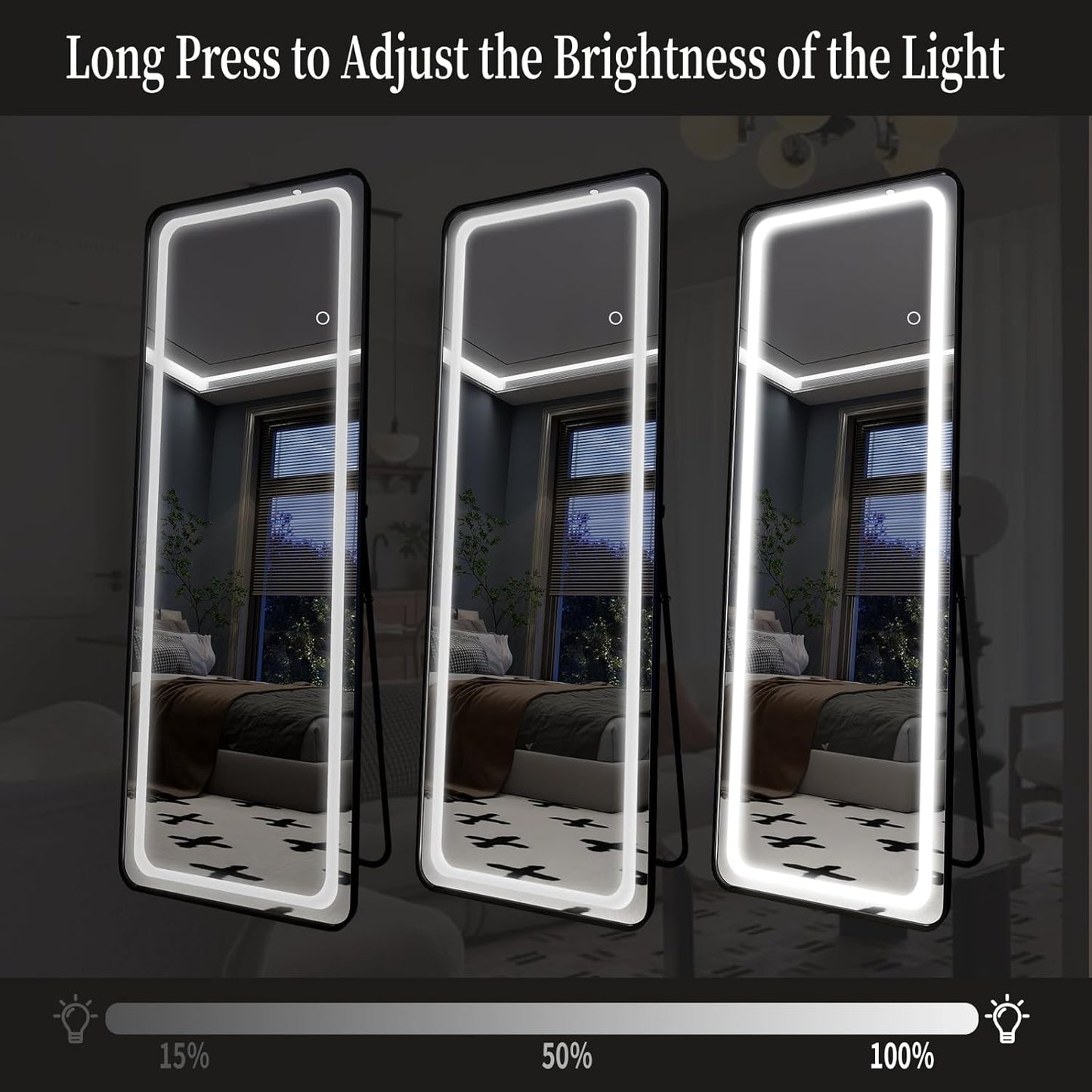 LED Full-Length Mirror with Stand, Black Frame, 3 Adjustable Light Modes, Touch Sensor & Dimmer