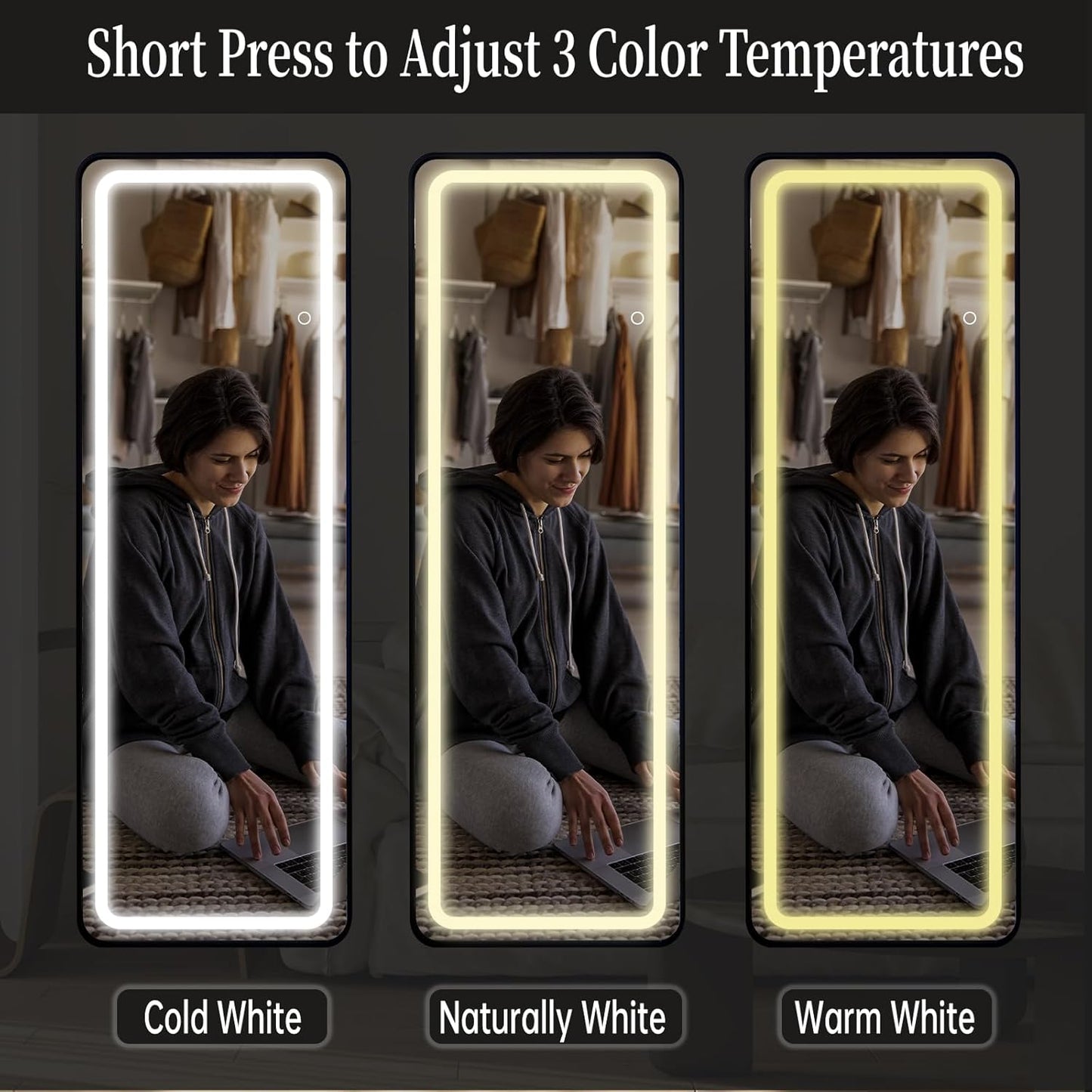 LED Full-Length Mirror with Stand, Black Frame, 3 Adjustable Light Modes, Touch Sensor & Dimmer