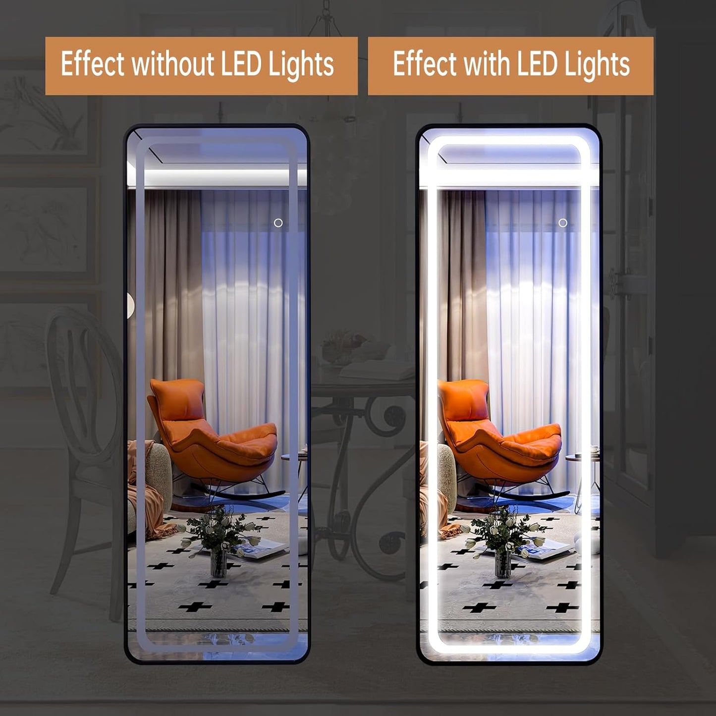 LED Full-Length Mirror with Stand, Black Frame, 3 Adjustable Light Modes, Touch Sensor & Dimmer
