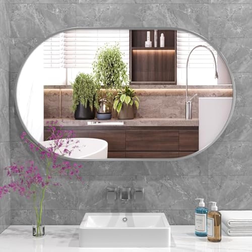 SIlver 36x24 Inch Double Arch (Capsule-Shaped) Mirror with Silver Frame – Modern and Elegant Home Décor