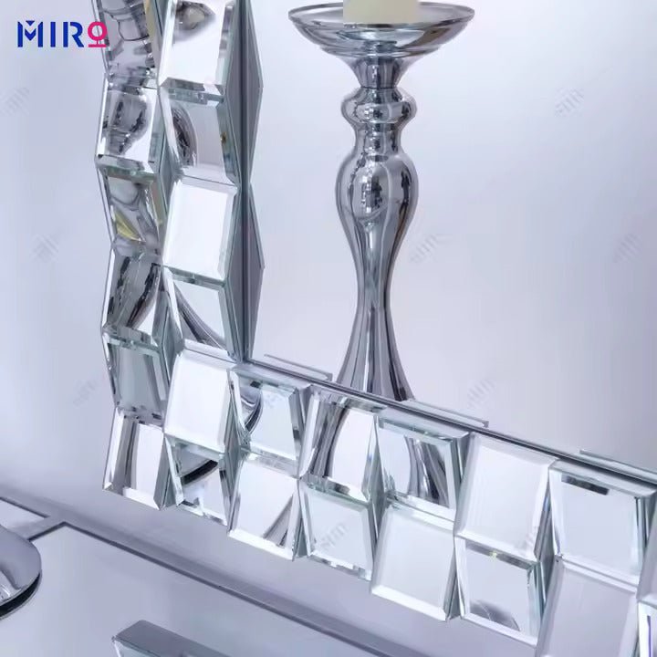 Elegant rectangular wall mirror with a mosaic-style mirrored tile frame displayed above a console table - Fabels