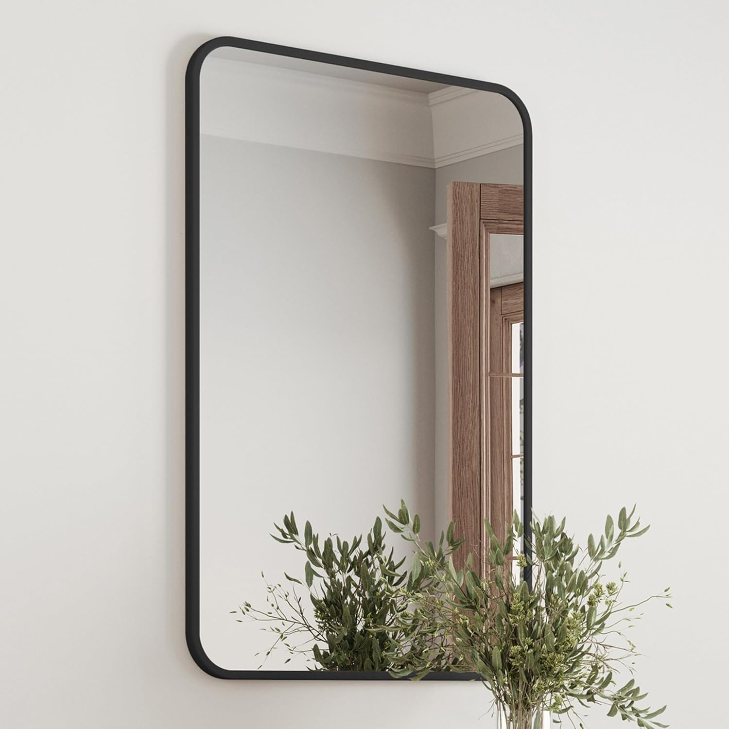 Black 30x20 Inch Rectangular Mirror with Rounded Corners and Black Frame – Modern, Stylish Home Décor - Fabels