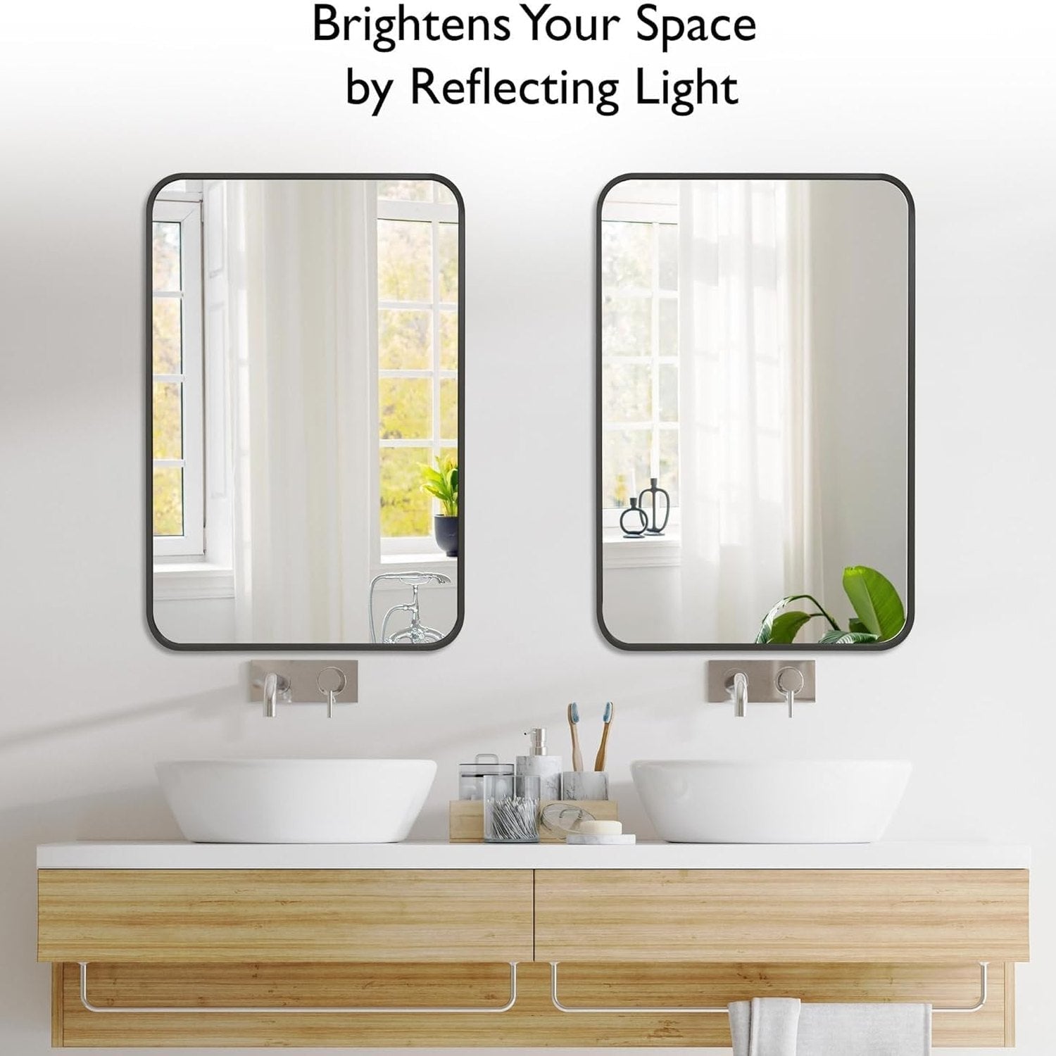 Black 30x20 Inch Rectangular Mirror with Rounded Corners and Black Frame – Modern, Stylish Home Décor - Fabels