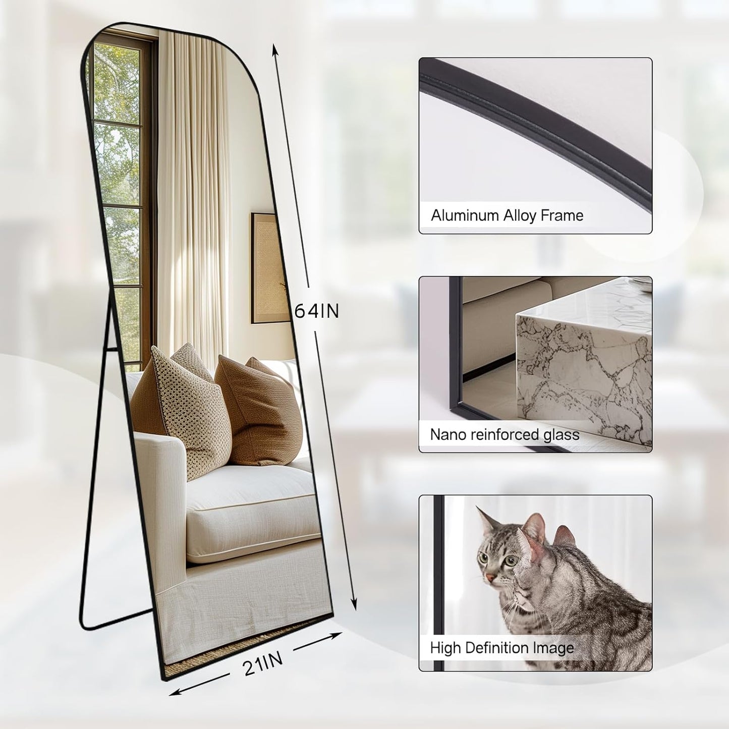 Black Top Round Corners 5.5 ft Arch Full-Length Mirror with Stand | All-India Delivery & Guarantee - Fabels