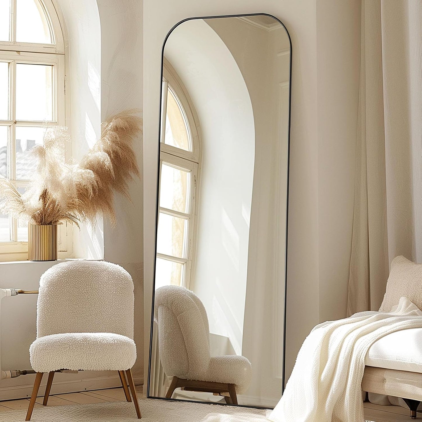 Black Top Round Corners 5.5 ft Arch Full-Length Mirror with Stand | All-India Delivery & Guarantee - Fabels