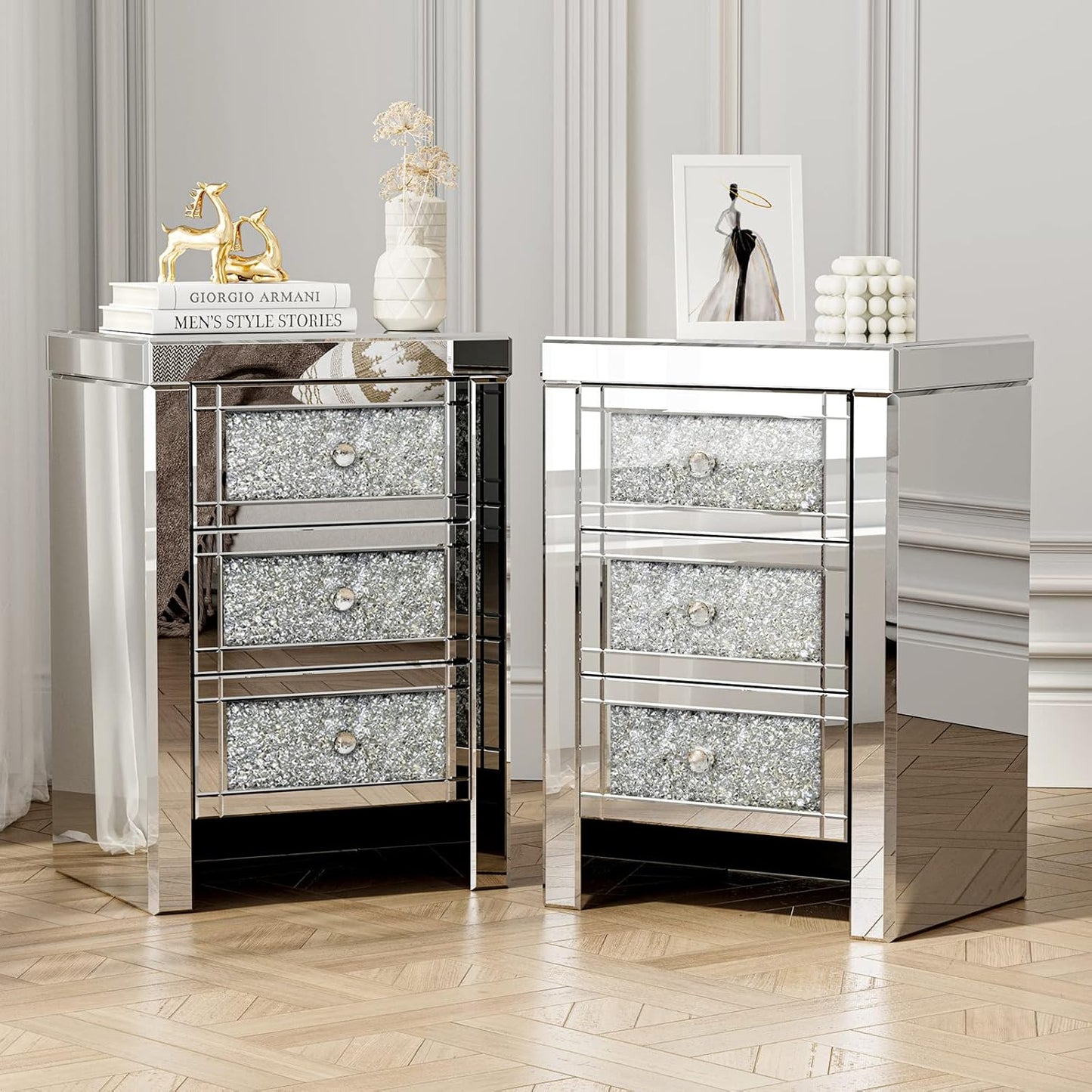Crystal Mirrored 3 - Drawer Side Table – Elegant & Luxurious - Fabels
