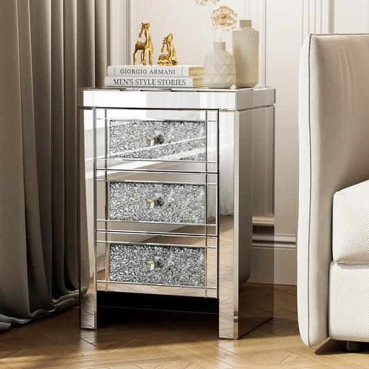 Crystal Mirrored 3 - Drawer Side Table – Elegant & Luxurious - Fabels