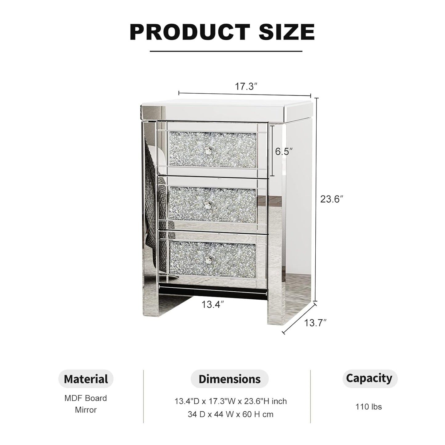 Crystal Mirrored 3 - Drawer Side Table – Elegant & Luxurious - Fabels