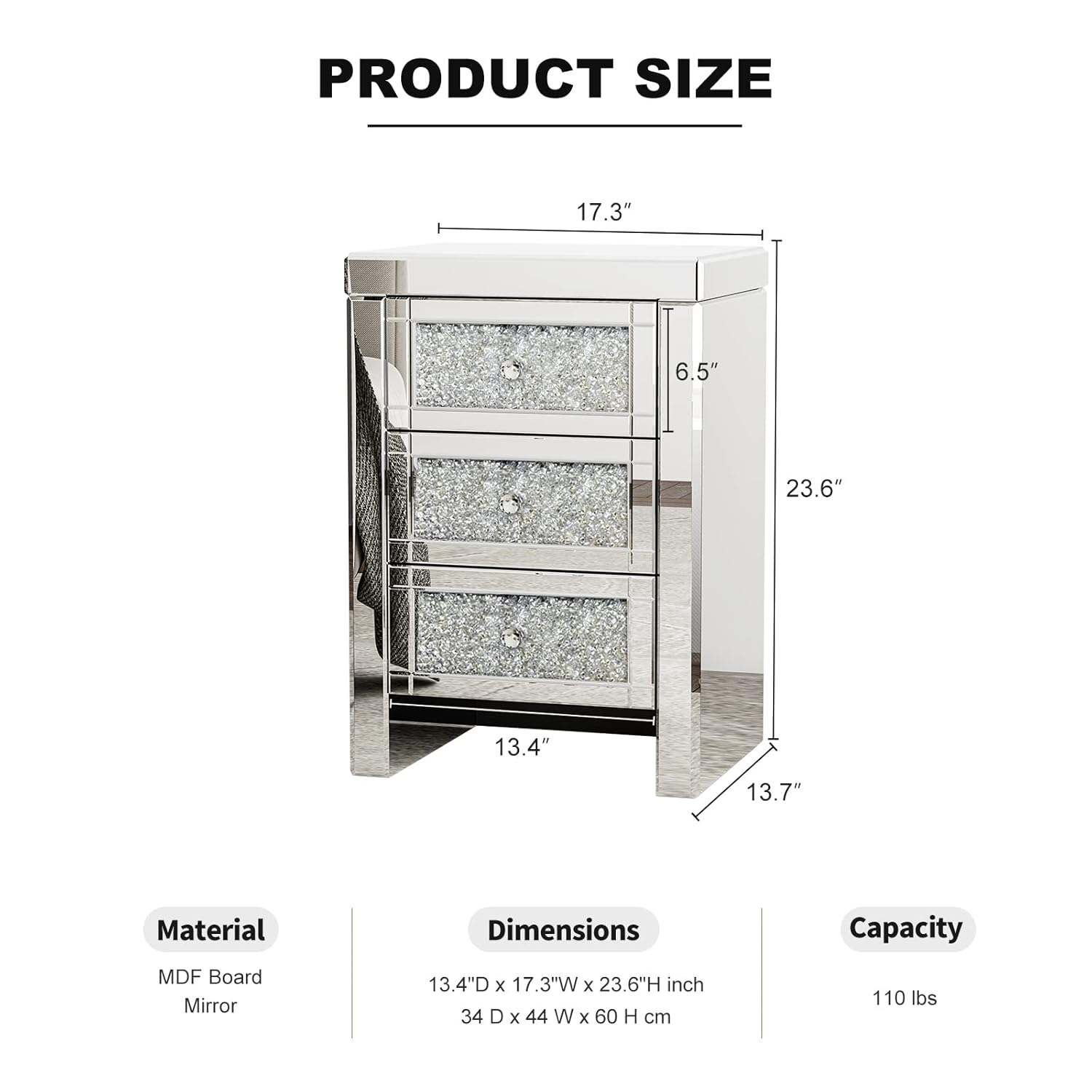 Crystal Mirrored 3 - Drawer Side Table – Elegant & Luxurious - Fabels