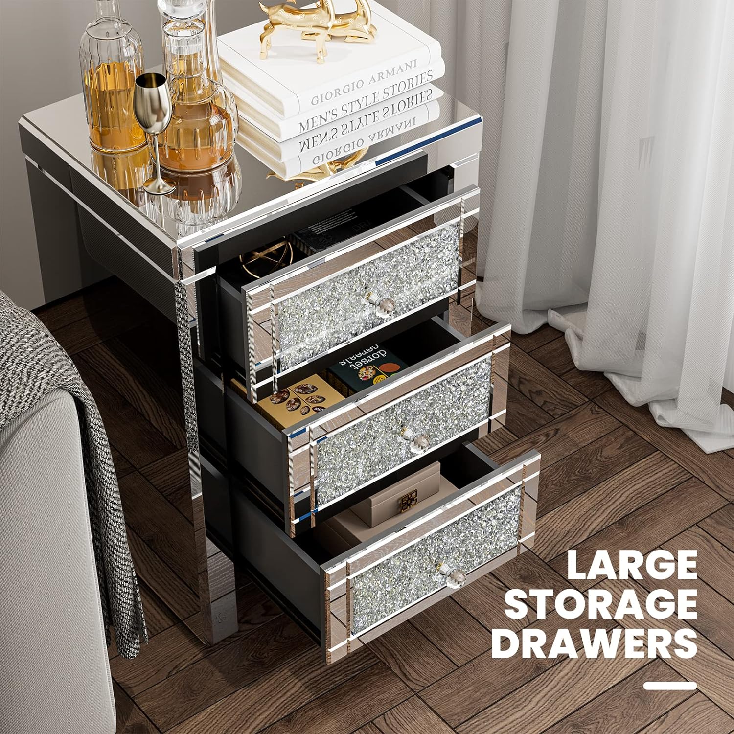 Crystal Mirrored 3 - Drawer Side Table – Elegant & Luxurious - Fabels