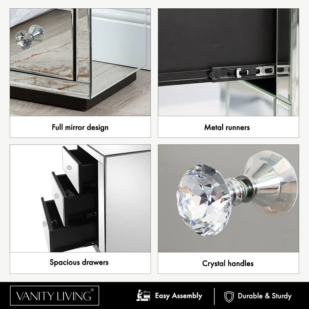 Elegant Mirrored 3 - Drawer Side Table – Luxury Bedroom & Living Room Accent - Fabels