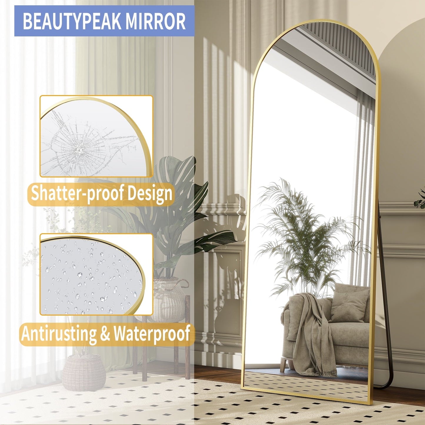 Golden 5.5 ft Arch Full-Length Mirror with Stand | All-India Delivery & Guarantee - Fabels