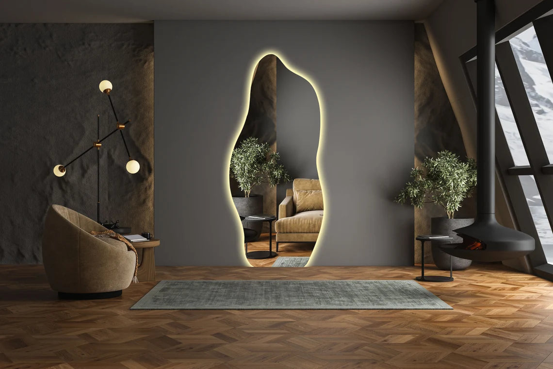 Full-Length Abstract LED Mirror with 3 Lights & Touch Sensor – Elegant and Functional Home Décor