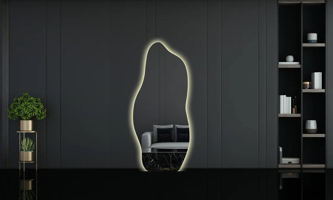 Full-Length Abstract LED Mirror with 3 Lights & Touch Sensor – Elegant and Functional Home Décor