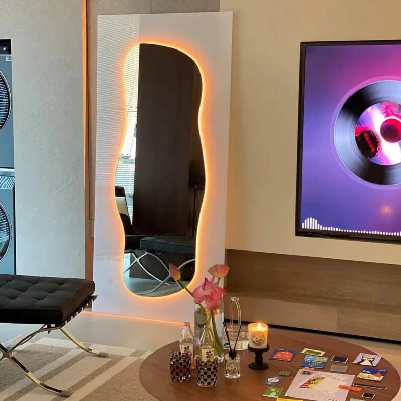 Full-Length Abstract LED Mirror with Touch Sensor – Enhance Your Space with Style and Light