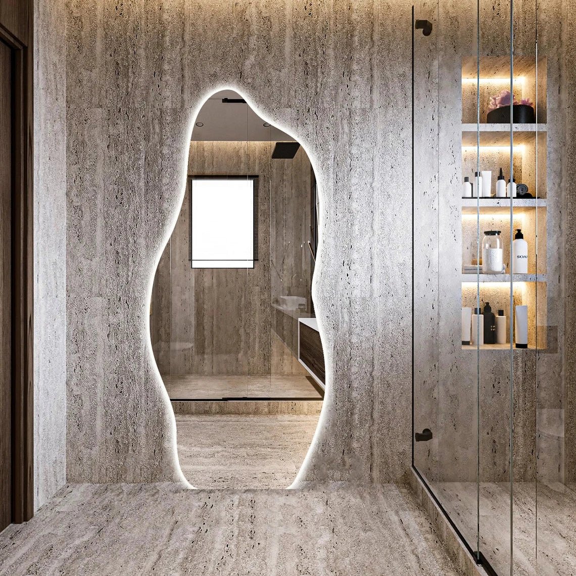 LED Full-Length Abstract Mirror – Contemporary Design with Touch Sensor & Ambient Lighting - Fabels