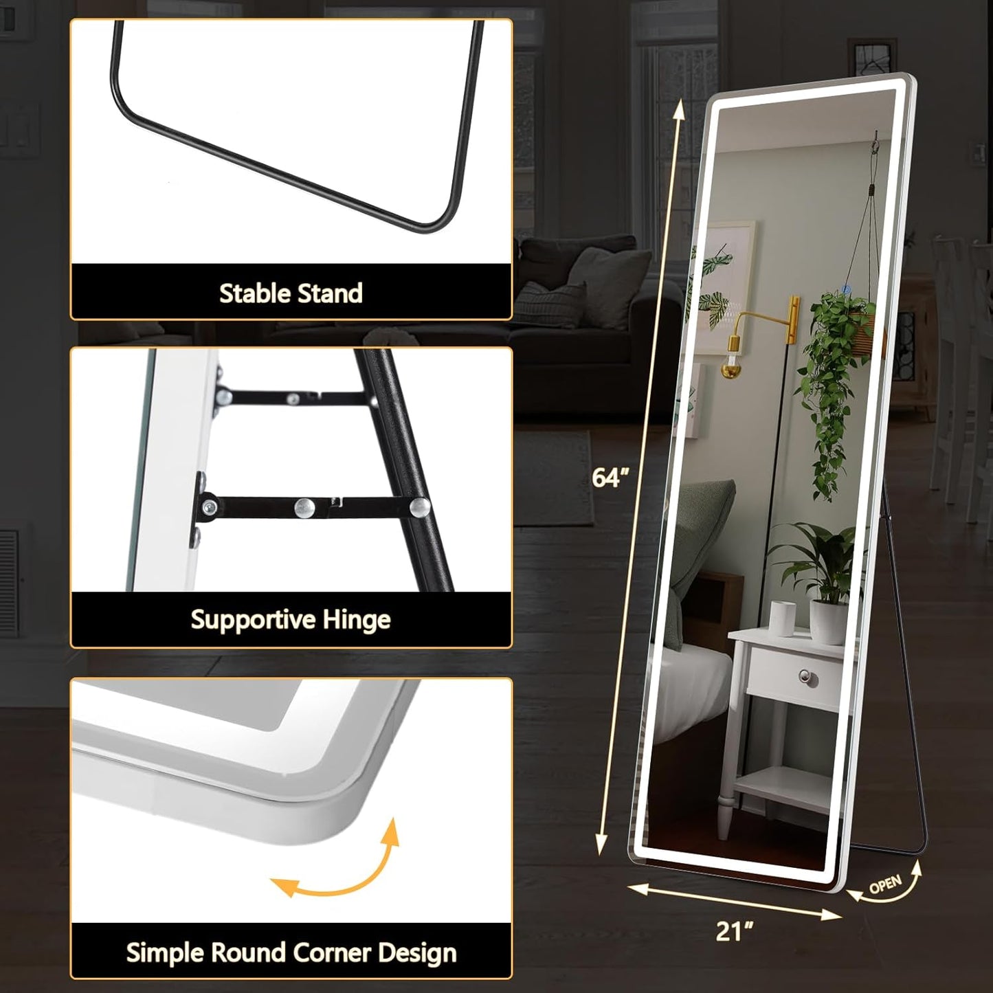 LED Full-Length Mirror with Stand, 3 Adjustable Light Modes, Touch Sensor & Dimmer – Stylish & Functional - Fabels