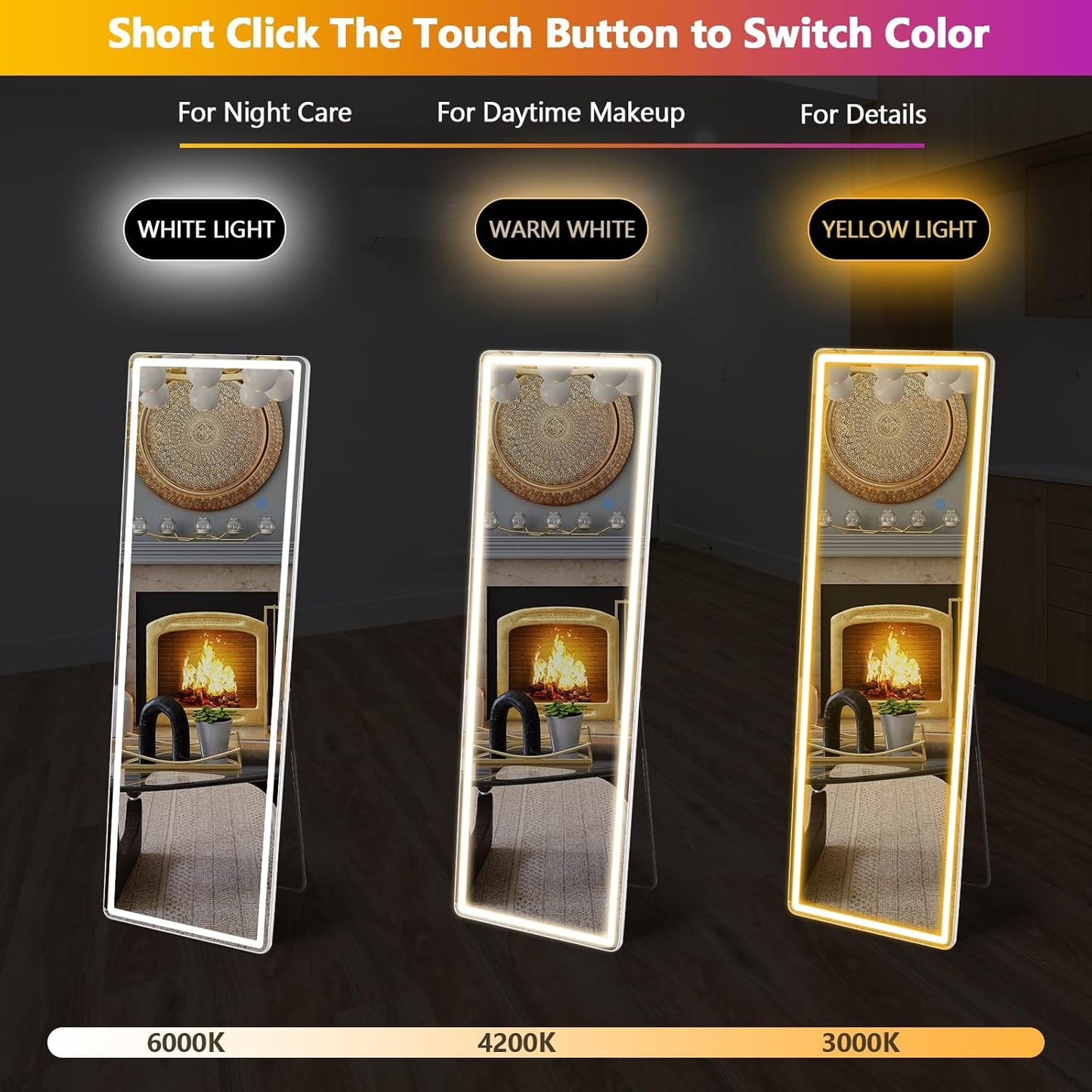 LED Full-Length Mirror with Stand, 3 Adjustable Light Modes, Touch Sensor & Dimmer – Stylish & Functional - Fabels