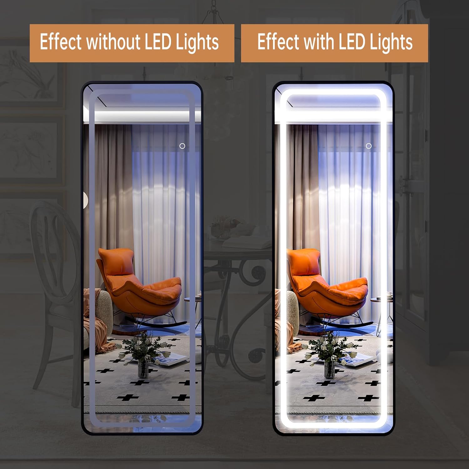 LED Full-Length Mirror with Stand, Black Frame, 3 Adjustable Light Modes, Touch Sensor & Dimmer - Fabels