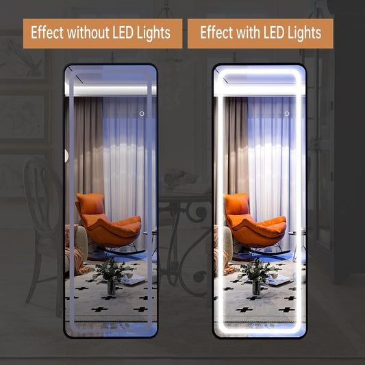 LED Full-Length Mirror with Stand, Black Frame, 3 Adjustable Light Modes, Touch Sensor & Dimmer - Fabels