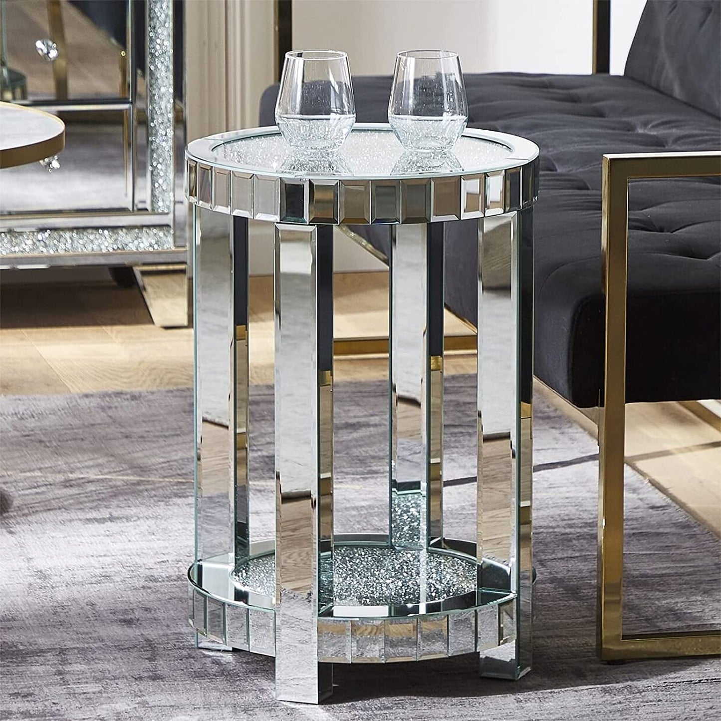 Luxe Crystal Mirrored Round Side Table – Elegant Accent Piece - Fabels