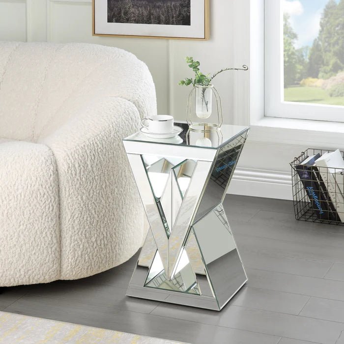Luxurious Mirrored X - Base Side Table – Modern Glam Accent - Fabels