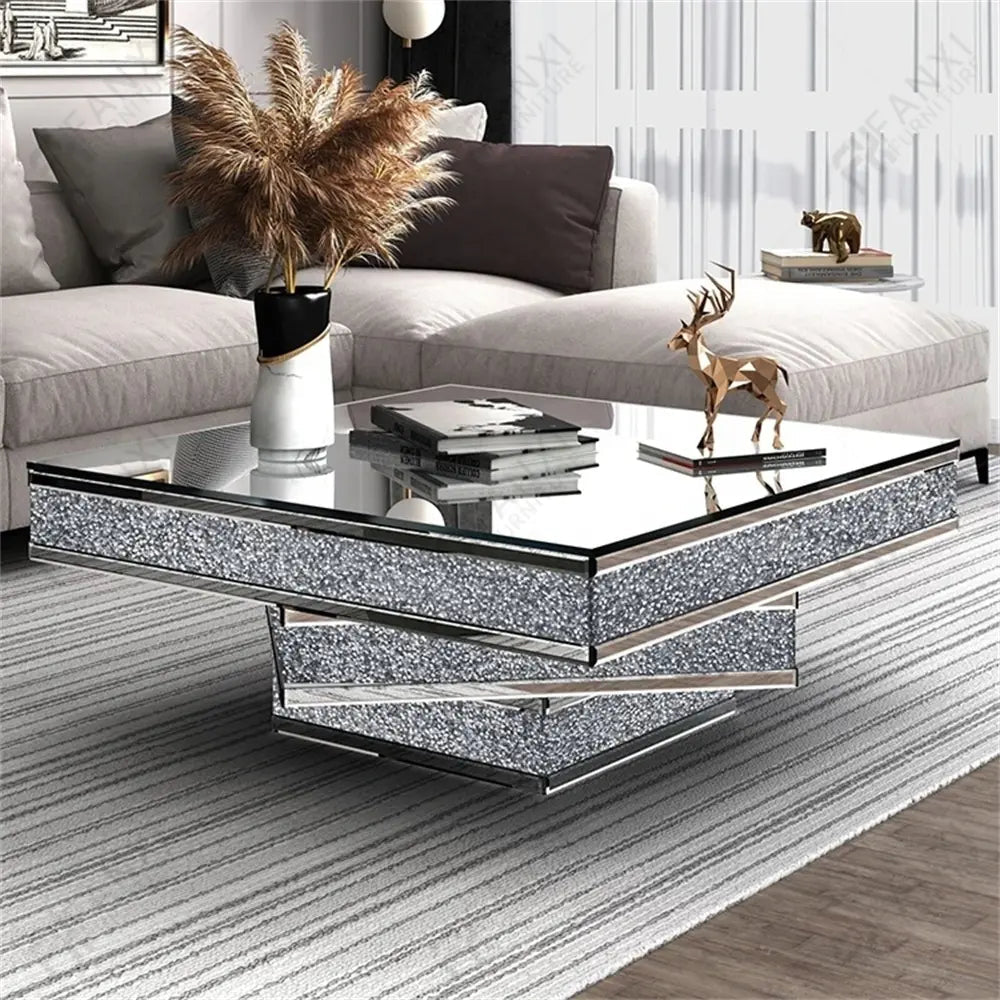 Luxury Mirrored Coffee Table with Crushed Diamond Inlay – Modern Glam - Fabels