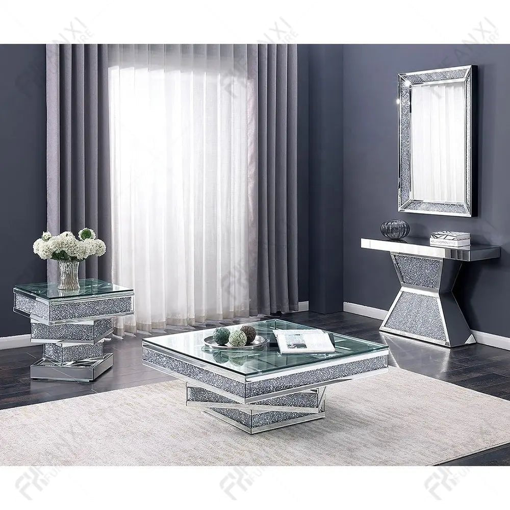 Luxury Mirrored Coffee Table with Crushed Diamond Inlay – Modern Glam - Fabels