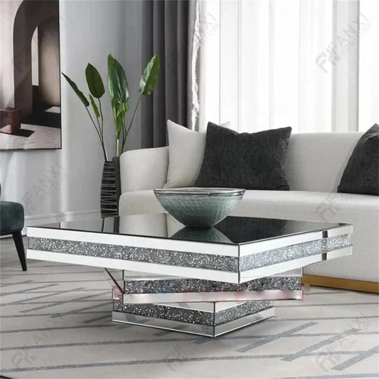 Luxury Mirrored Coffee Table with Crushed Diamond Inlay – Modern Glam - Fabels