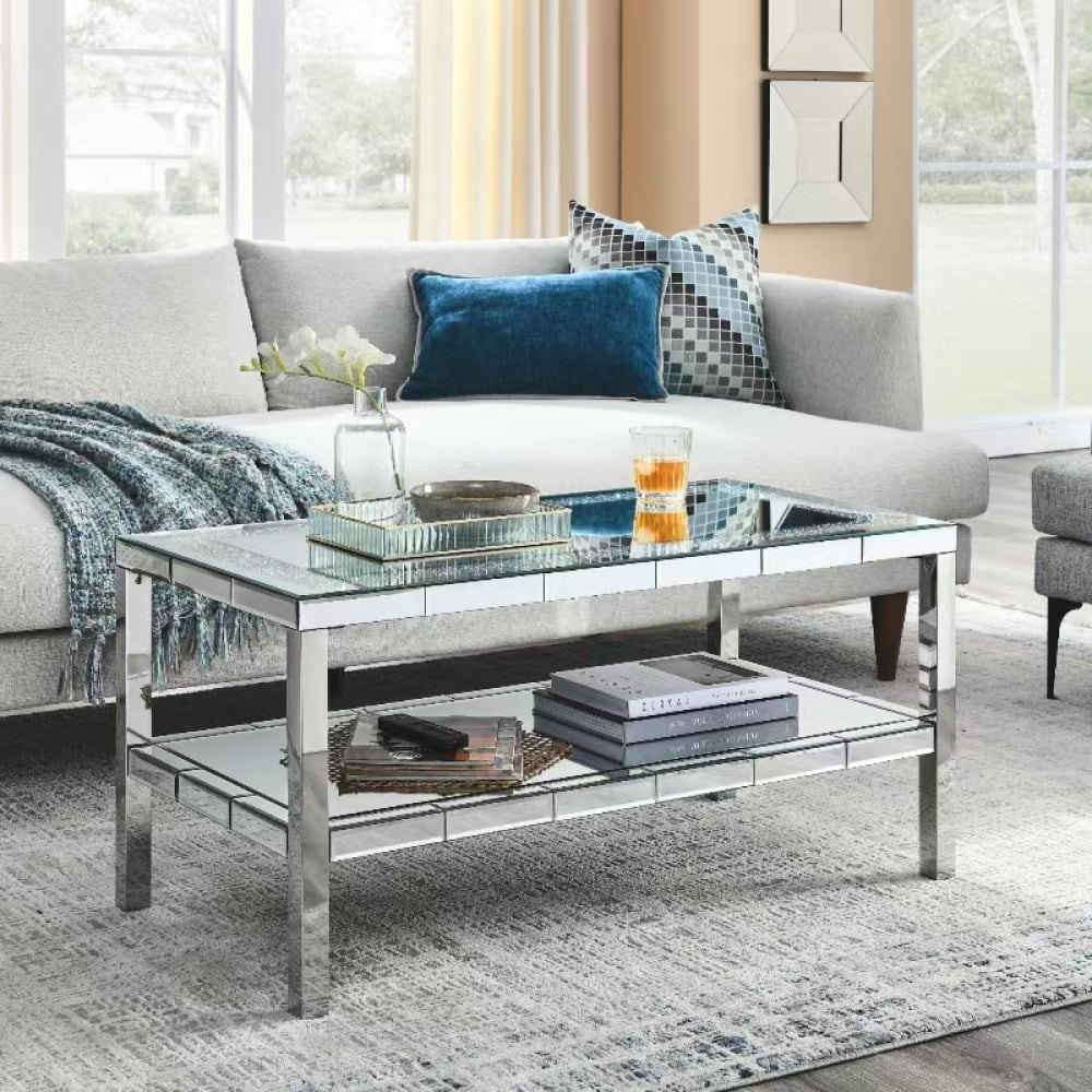 Luxury Mirrored Square Coffee Table with Faux Diamond Inlay – Modern Elegance - Fabels