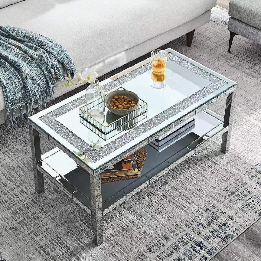 Luxury Mirrored Square Coffee Table with Faux Diamond Inlay – Modern Elegance - Fabels