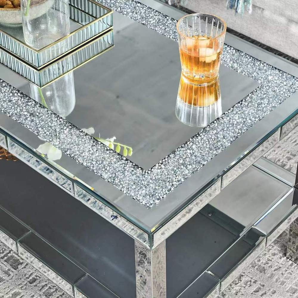 Luxury Mirrored Square Coffee Table with Faux Diamond Inlay – Modern Elegance - Fabels