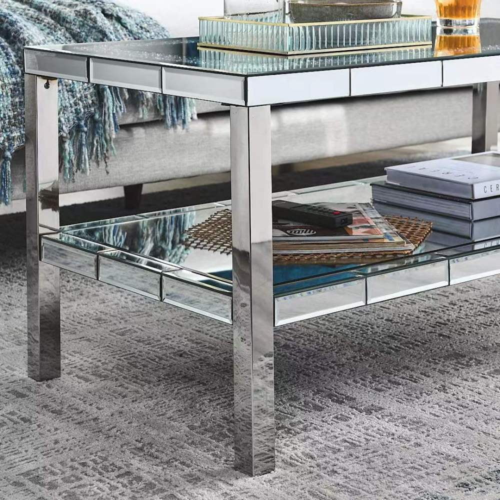 Luxury Mirrored Square Coffee Table with Faux Diamond Inlay – Modern Elegance - Fabels