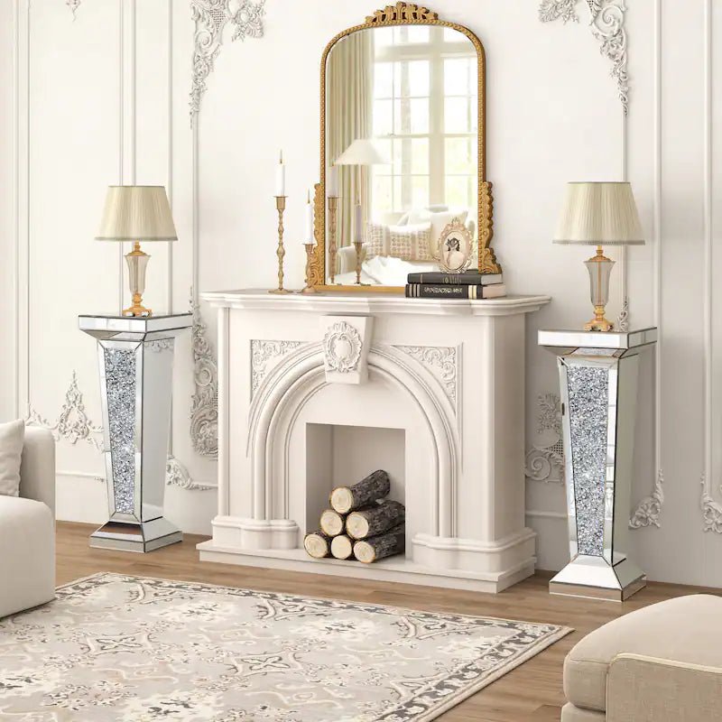 Mirrored Crushed Diamond Tall End Table – Elegant Display Stand - Fabels