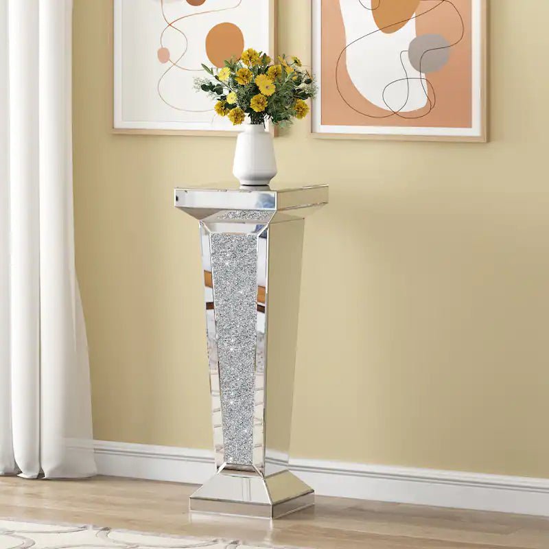 Mirrored Crushed Diamond Tall End Table – Elegant Display Stand - Fabels