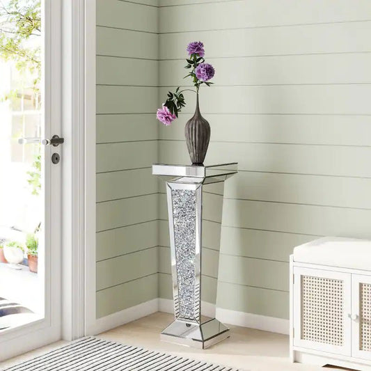 Mirrored Crushed Diamond Tall End Table – Elegant Display Stand - Fabels