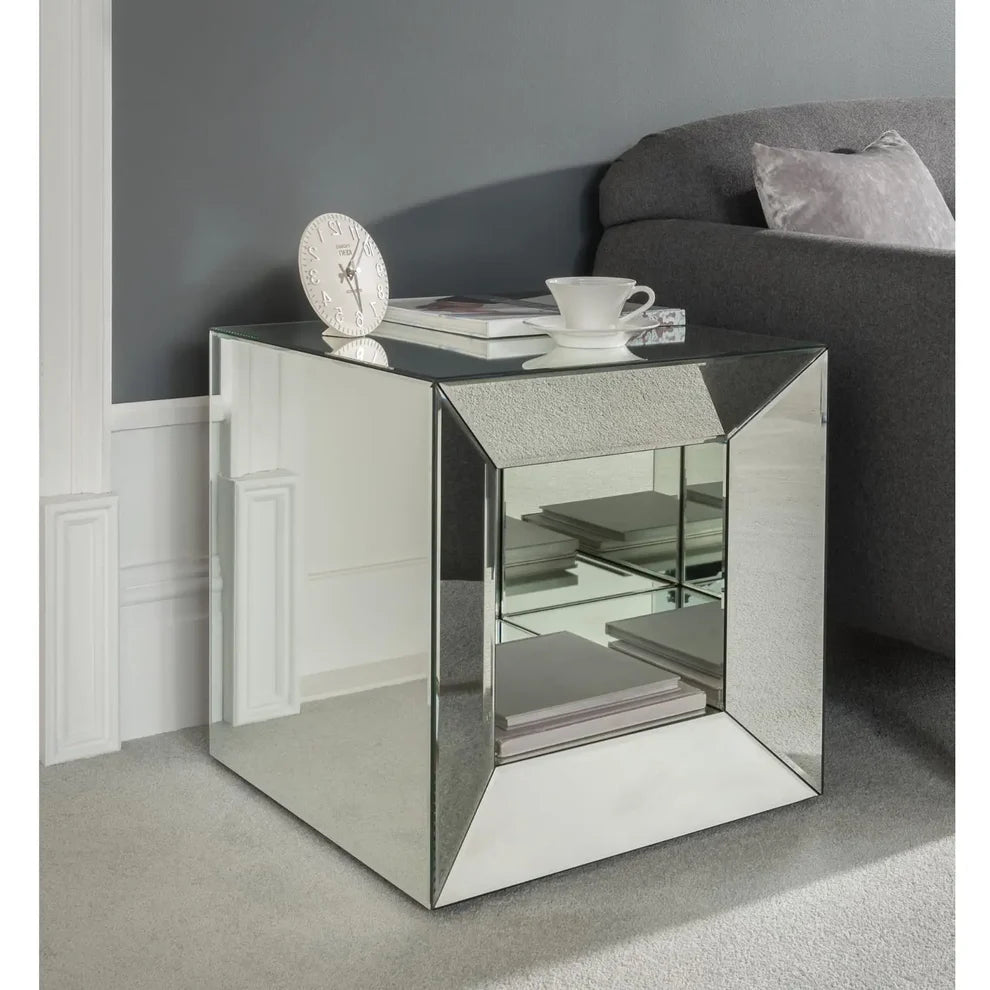 Modern Mirrored Side Table with Open Storage – Luxury & Functionality Combined - Fabels
