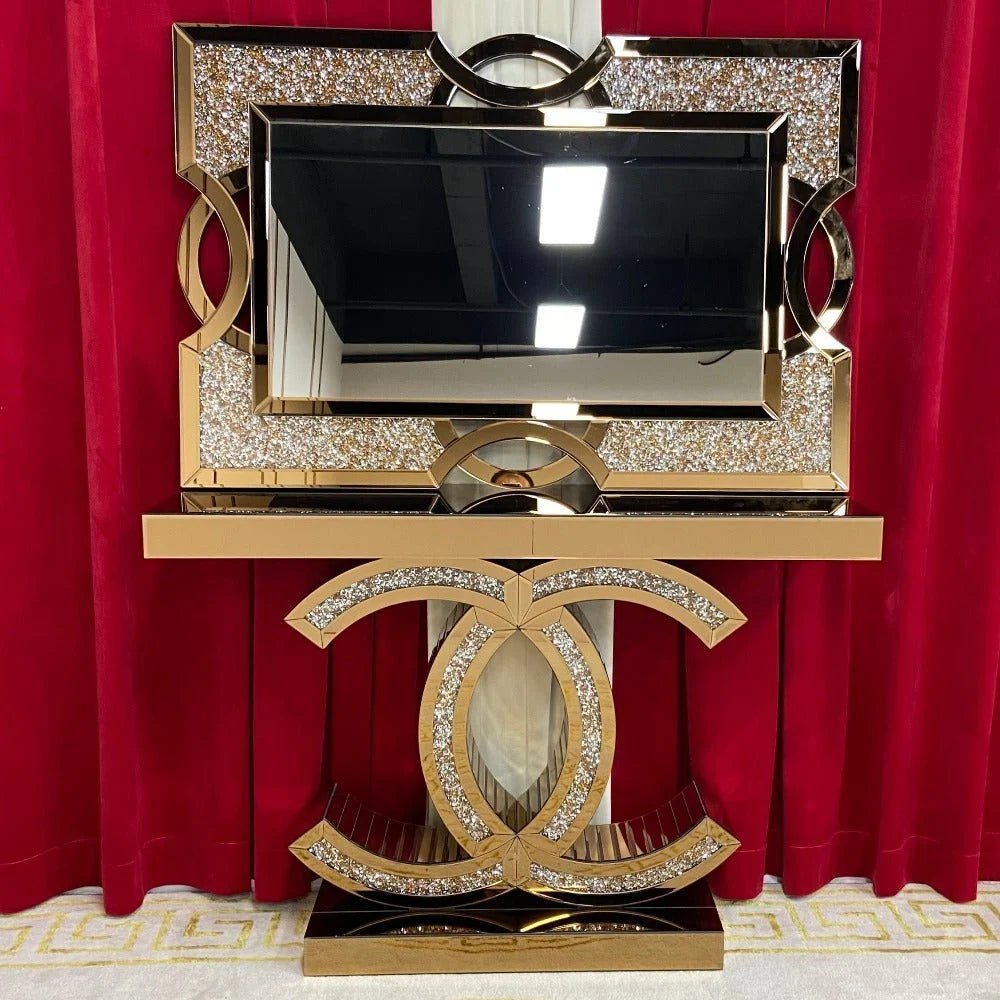 ✨ Opulent Gold Mirrored Console Table with Crushed Crystal Accents ✨ ( Only Console ) - Fabels