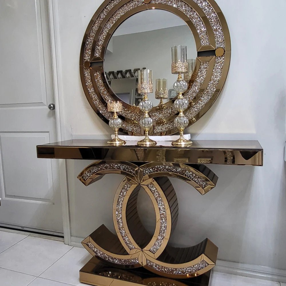 ✨ Opulent Gold Mirrored Console Table with Crushed Crystal Accents ✨ ( Only Console ) - Fabels