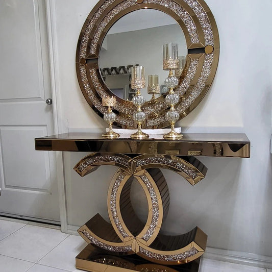 ✨ Opulent Gold Mirrored Console Table with Crushed Crystal Accents ✨ ( Only Console ) - Fabels
